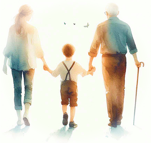 Illustration aquarelle d'une famille intergénérationnelle, approche globale du cabinet Mont Blanc Orthodontie à Cluses