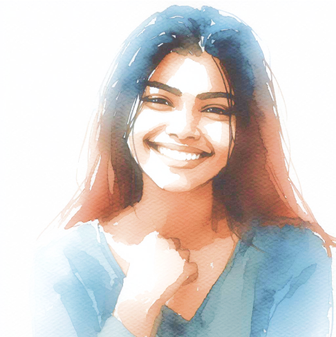 Illustration aquarelle d'une jeune femme souriante, bienveillance du cabinet Mont Blanc Orthodontie à Cluses