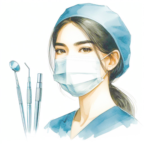 Illustration aquarelle d'une praticienne avec instruments dentaires, professionnalisme du cabinet Mont Blanc Orthodontie à Cluses